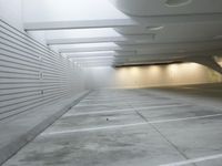 an empty parking garage with some concrete blocks on the walls and ceilings and a black fire hydrant in front