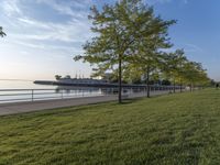 an empty park with grassy area and benches in it and a dock behind the trees