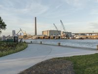 a park with some green bushes and plants next to the water and construction cranes in the background