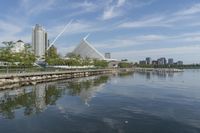 a body of water that has many buildings near by it and birds standing around them