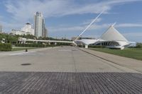 view of buildings, a walkway and green grass in the foreground of a plaza
