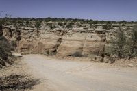 dirt road going through an otherwise arid terrain with a clear blue sky overhead as seen from above the area