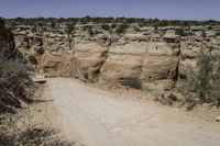 dirt road going through an otherwise arid terrain with a clear blue sky overhead as seen from above the area