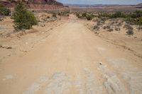 a dirt road going through the desert area with a mountainside in the distance with blue sky and clouds in the distance