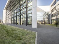 the building has glass walls and a sidewalk with green grass in it outside of it