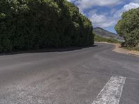 a long curved road with many trees and a mountain in the background in the distance