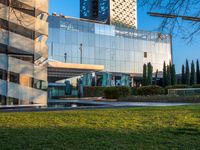 the walkway up to the building is surrounded by grassy area in front of it, with plants on either side and glass windows in back