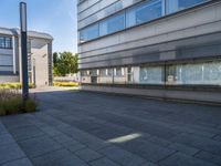 two buildings are visible through a glassy door with blue sky in the background and a bench outside in front