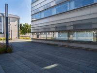 two buildings are visible through a glassy door with blue sky in the background and a bench outside in front