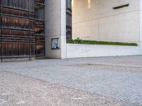 a red fire hydrant sitting next to a building and door way with planters and wooden paneled wall