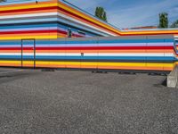 an empty parking lot painted brightly stripes on the wall of the building and sky as well as stones