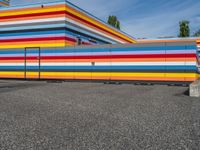 an empty parking lot painted brightly stripes on the wall of the building and sky as well as stones