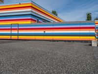 an empty parking lot painted brightly stripes on the wall of the building and sky as well as stones