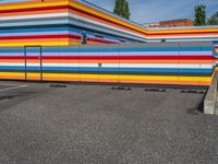 an empty parking lot painted brightly stripes on the wall of the building and sky as well as stones