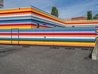 an empty parking lot painted brightly stripes on the wall of the building and sky as well as stones