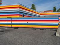 an empty parking lot painted brightly stripes on the wall of the building and sky as well as stones