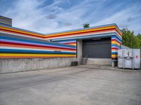 an empty parking lot painted brightly stripes on the wall of the building and sky as well as stones