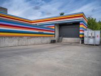 an empty parking lot painted brightly stripes on the wall of the building and sky as well as stones