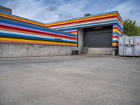 an empty parking lot painted brightly stripes on the wall of the building and sky as well as stones