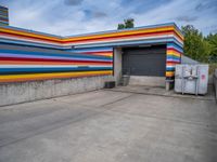 an empty parking lot painted brightly stripes on the wall of the building and sky as well as stones