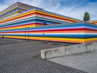 an empty parking lot painted brightly stripes on the wall of the building and sky as well as stones