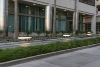 a long sidewalk outside a large building with plants and plants growing along one side of it