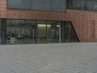 the fire hydrant is sitting near the building that looks very modern and contemporary,