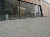 the fire hydrant is sitting near the building that looks very modern and contemporary,