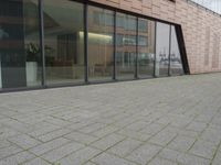 the fire hydrant is sitting near the building that looks very modern and contemporary,