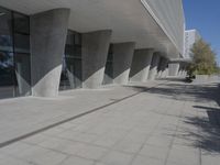 a walkway that leads to a building with columns on each side of it that has trees and plants on the ground