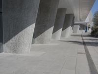 a walkway that leads to a building with columns on each side of it that has trees and plants on the ground