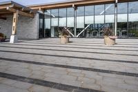 the walkway outside of the large building is stone and glass with several plants in flower pots on them