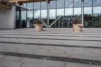 the walkway outside of the large building is stone and glass with several plants in flower pots on them