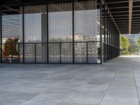 a sidewalk near a building with several glass walls and a black dog in front of it