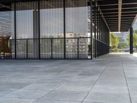 a sidewalk near a building with several glass walls and a black dog in front of it