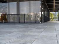 a sidewalk near a building with several glass walls and a black dog in front of it