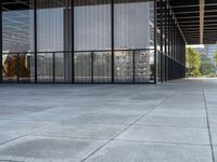 a sidewalk near a building with several glass walls and a black dog in front of it