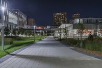 the sidewalk and the grass are illuminated by light fixtures at night, next to an office building