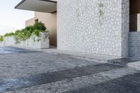 concrete walkway that has been painted grey and white with decorative pattern around it, outside an house