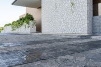 concrete walkway that has been painted grey and white with decorative pattern around it, outside an house