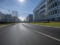 empty street in the city on a sunny day, with buildings behind it and trees and grass