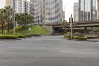 a city street with several tall buildings and some grass on the ground with traffic signs