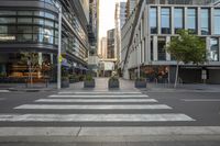 an empty street has tall buildings around it and a crosswalk that leads towards a shopping center