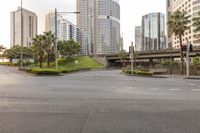 a paved city street with many skyscrapers in the background as seen from across the street