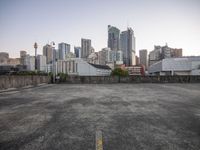 a parking lot is empty in front of some tall buildings on a sunny day in the city