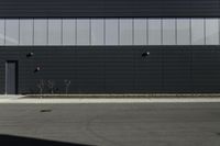 a building with black walls next to a sidewalk and shrubbery in front of it