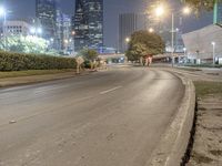 a man riding a skateboard on the side of a road at night with skyscrapers behind him