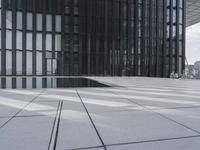 an empty pool in front of a very large building with black windows and glass walls