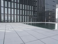 an empty pool in front of a very large building with black windows and glass walls