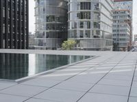 an empty pool in front of a very large building with black windows and glass walls